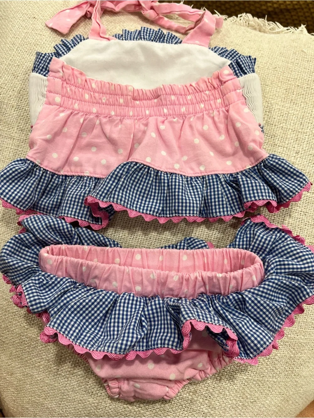 Girls Pink & Navy Ruffle Bib-Style Swim Set with Seahorse Embroidery